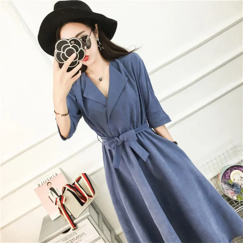 

Autumn winter long vintage pocket vestido windbreaker dress women long sleeve womens with shirt belt 2020