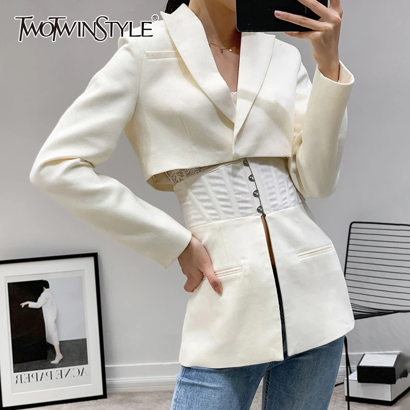 Женская куртка с длинным рукавом TWOTWIN Белая Туника воротником лацканами в стиле