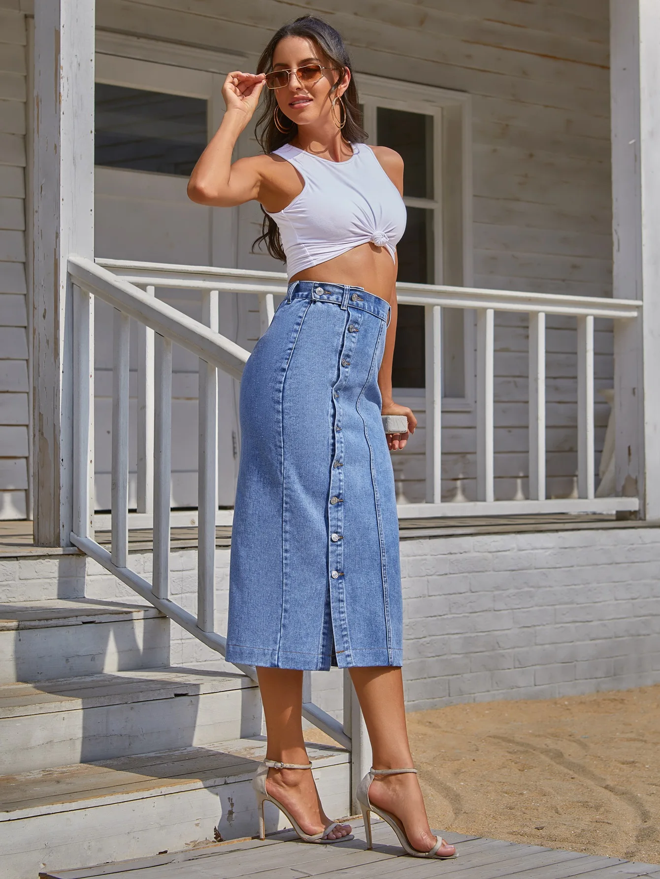 

2021 Spring Summer Hot Denim Skirt For Women Button Up Blue High Waist Skirts Lady Sexy Slim Mid Single Breasted Denim Skirts