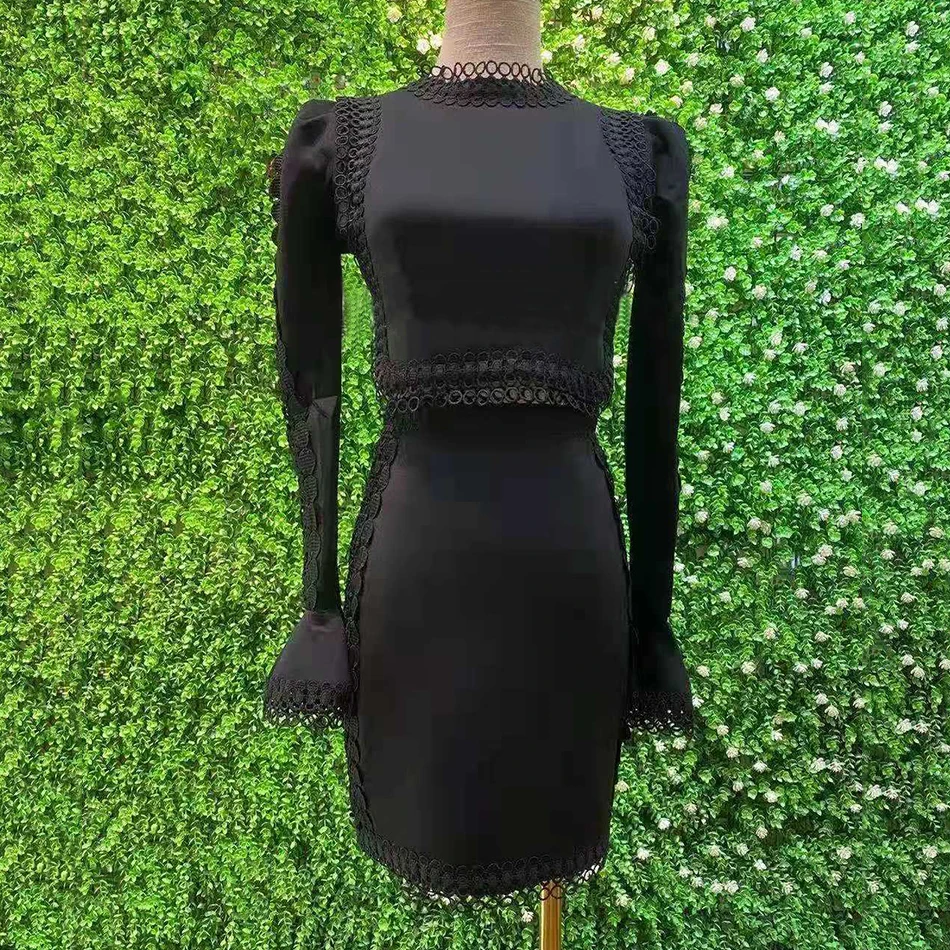 

Autumn Women's Lace Patchwork Bodycon Fashion 2 Two-piece Suit Sexy Trumpet Sleeve Short Top + Mini Skirt 2020 Fashion Set