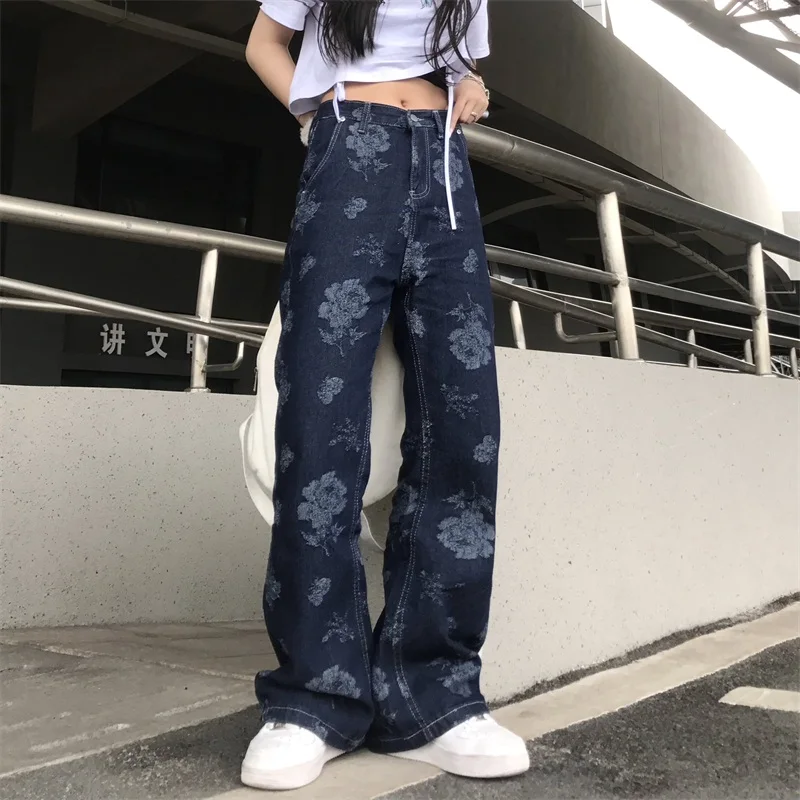 

New Summer Style Men and Women Denim Trousers Casual All-Match Cotton Rose Jacquard Loose High-Waist Street Trend Jeans 9992#