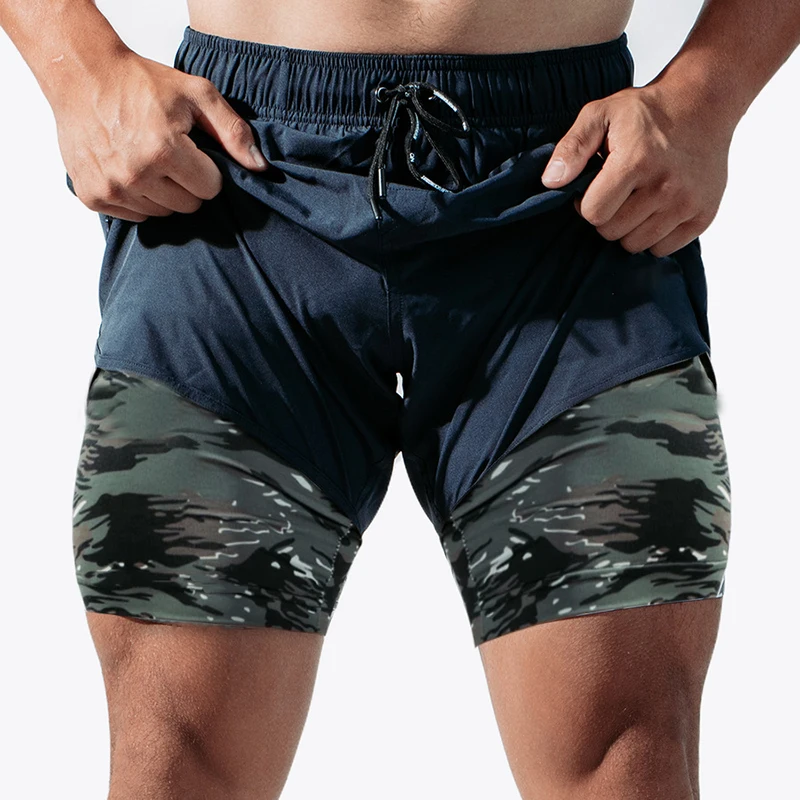 Male Fitness Training Quick Dry Short New Sports Shorts Men Summer Double-Layer 2-In-1 Running Shorts Camouflage Zip Pockets Gym