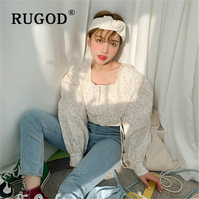 RUGOD женская блузка элегантная с принтом квадратный воротник рукав фонарик для