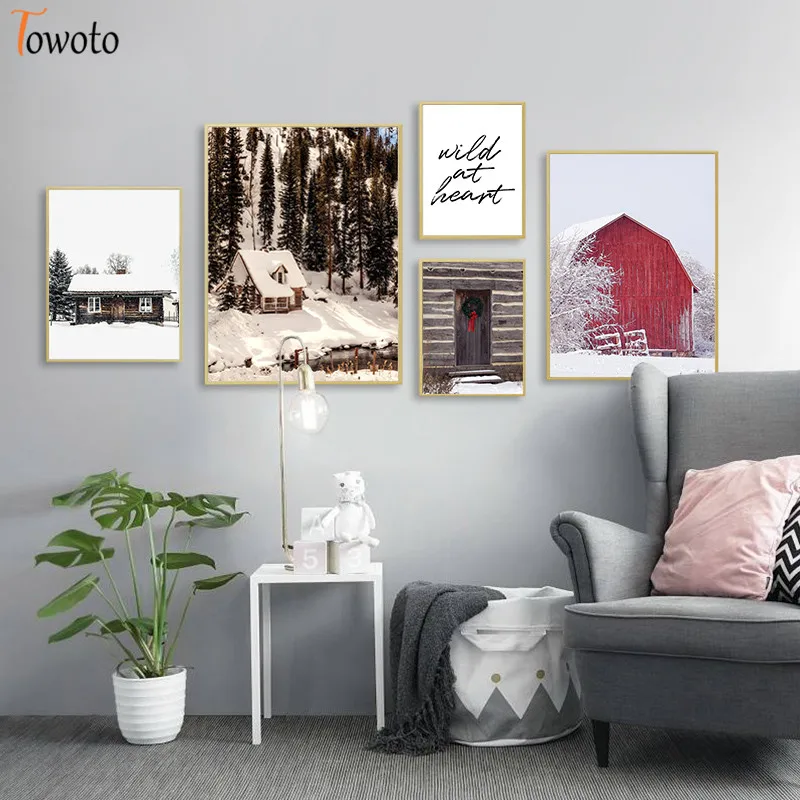 Белый снег лес деревянный дом принт Цитата Nordic плакат Горный пейзаж живопись