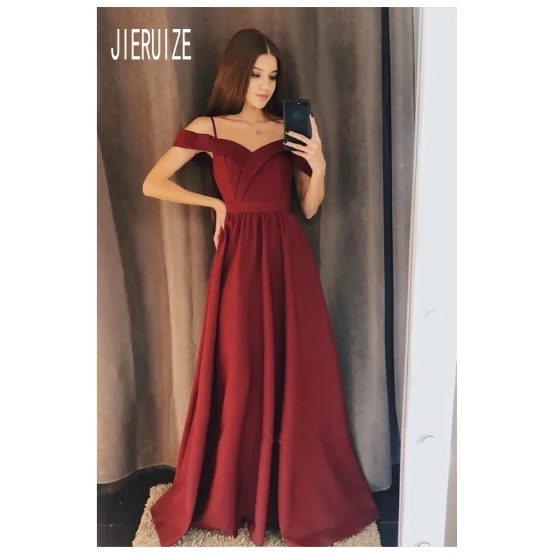 

JIERUIZE Simple Burgundy A Line Wedding Dresses Spaghetti Strap Bridal Gowns Off Shoulder Vestido De Novia Wedding Gowns