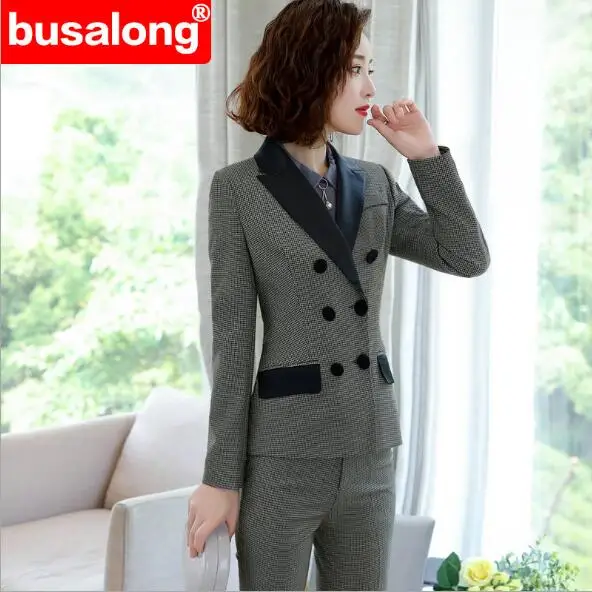 Женский костюм-Униформа в клетку двубортный топ с длинным рукавом и брюки |