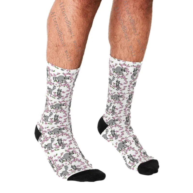 

Men's Funny socks Raccoons and Apple Blossoms Socks harajuku Men Happy hip hop Novelty cute boys Crew Casual Crazy Socks for men