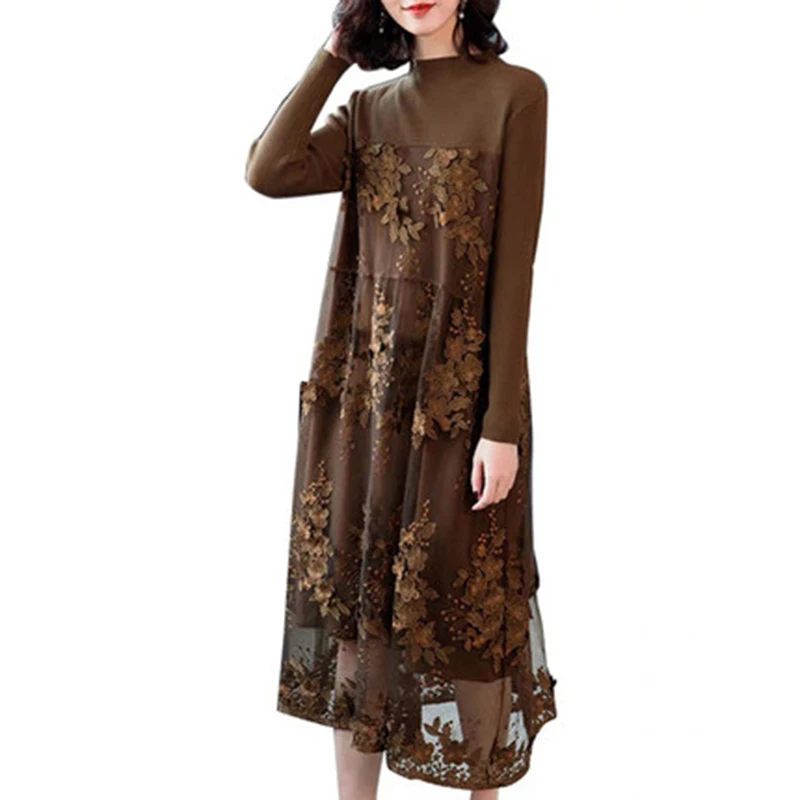 

Mesh Stitching Sweater Dress 2020 Autumn Winter Elegant Embroidery Retro Loose Long Pullover Knitted Dresses Vestidos