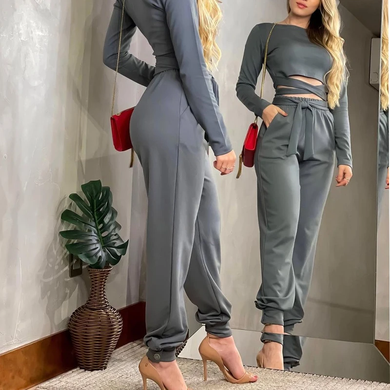 

Женский костюм из двух предметов, повседневный костюм с круглым вырезом, Топ с длинным рукавом и брюки с карманами, весна-лето 2022