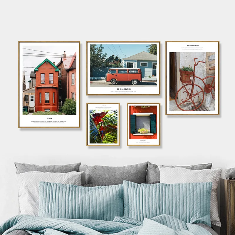 Brick Red House Parrot Car Bicycle Window Nordic Landscape Poster And Print Canvas Painting Wall Pictures For Living Room Decor | Дом и сад