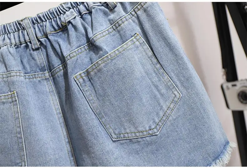 

5XL 6XL Summer Plus Size Hole Denim Shorts Women's Casual Large Size Loose Denim Shorts Big Size Elastic Waist Wide Leg Shorts
