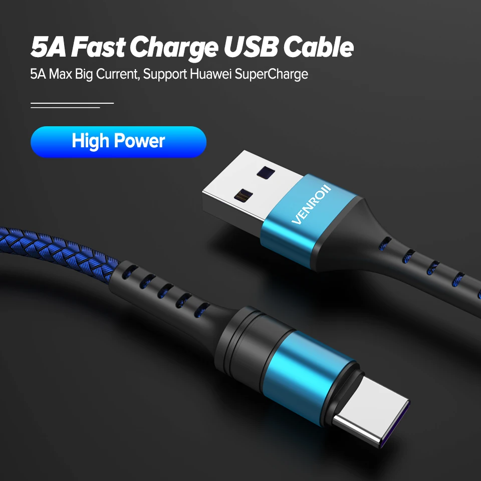 USB кабель Venroii Type C 5 А Supercharge 1 м 2 шнур для Huawei P30 P20 Mate 30 Pro Honor 20 Quick Charge 3 0 4 USBC Cabo|Кабели