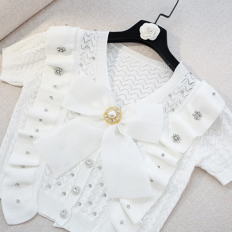 

HIGH STREE Newest 2021 Summer Fashion Tops Women's V-Neck Bow Short Sleeve Ruffles Diamonds Hollow Out Knitted Tops