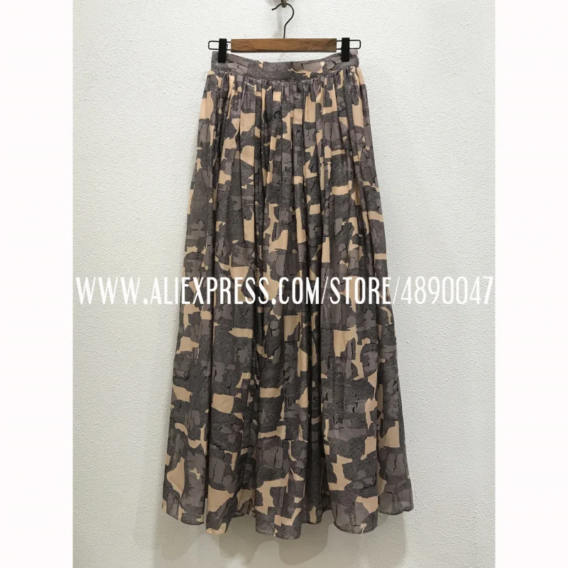 

Retro temperament printed pleated large skirt skirt Silk cotton blend comfortable summer women's high waist mid-length skirt
