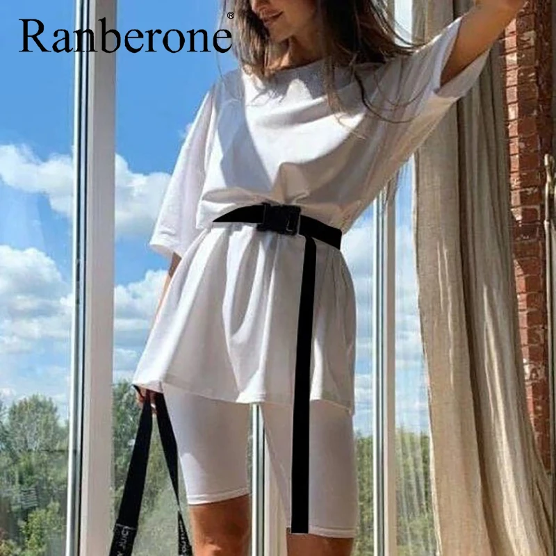 New Suit Women Sport Sexy Summer O Neck Short Sleeve Shirt Tops And Shorts Loose Fitness Suit Two Piece Sets Outfit With Belt