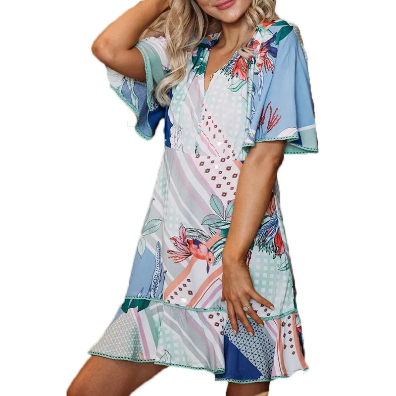 Сексуальное женское платье с v-образным вырезом и цветочным принтом в стиле бохо