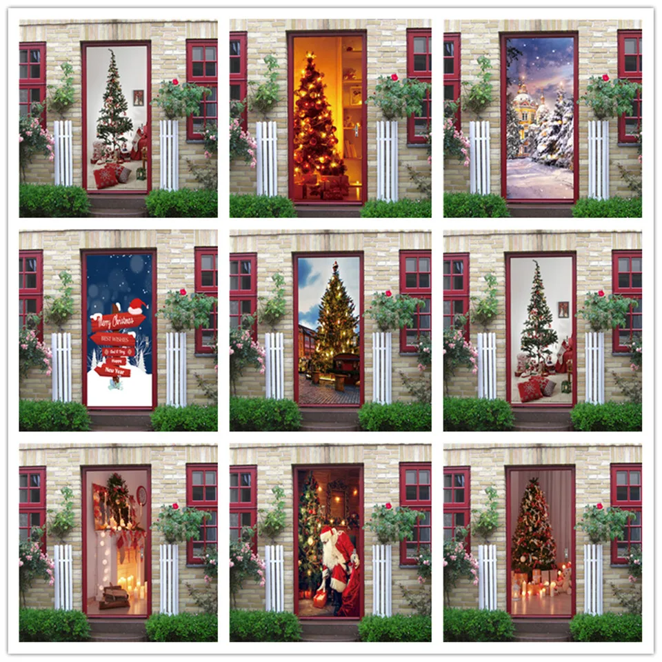 

Christmas Stickers on the Doors Santa Claus Adhesive Waterproof Wallpaper Poster Sliding Glass Door Decals Home Decor Kids Room