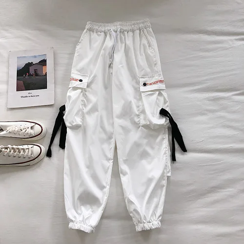 white pants Neploe женские брюки с высокой талией, со шнуровкой, брюки карго, однотонные, с большими карманами, свободные брюки в стиле хип-хоп, уличная одежда, новые модные тренировочные брюки 90239 - Color: white pants