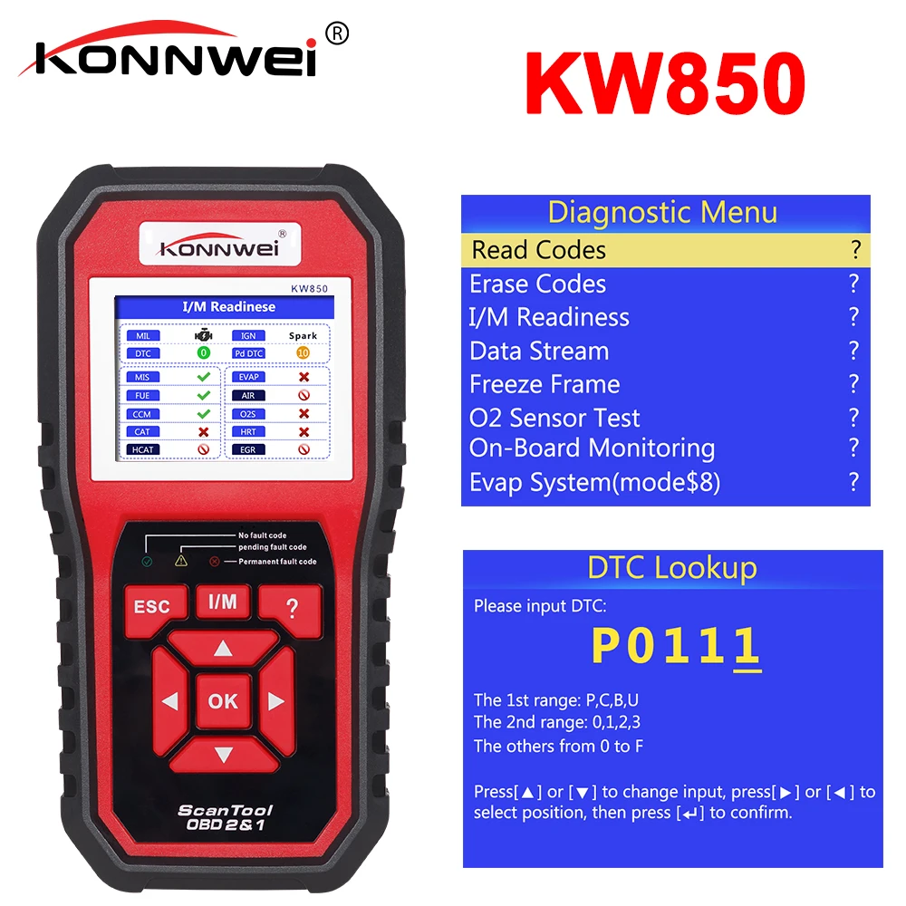 Считыватель кодов KONNWEI KW850 obd2 сканер для контроля напряжения многоязычный