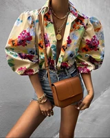 spring autumn women shirts floral print puff sleeve casual blouse shirt lady fashion bohemian turn down collar tops streetwear