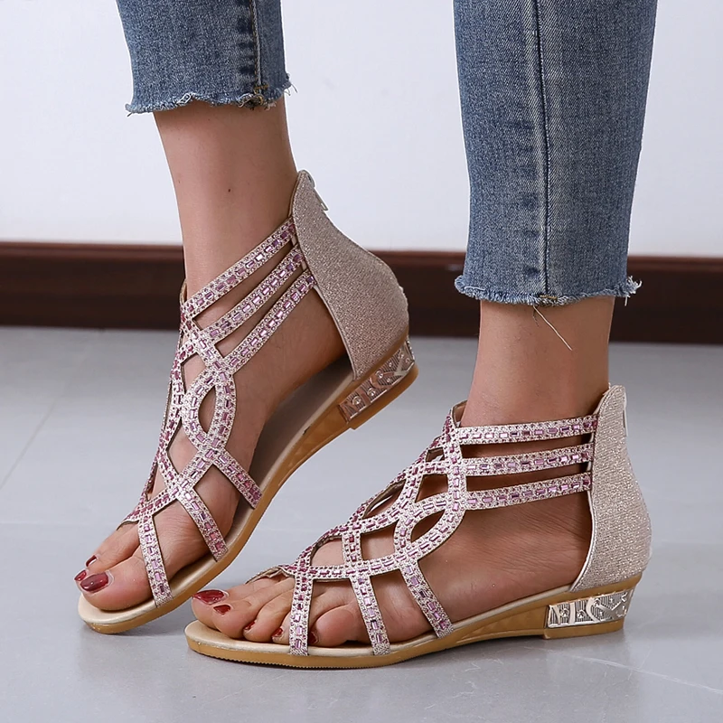 

2021 Summer Women Sandals Woman Flats Fashion Roman Style Rhinestone Open Toe Women's Shoes Zapatos De Mujer Plus Size 36-43