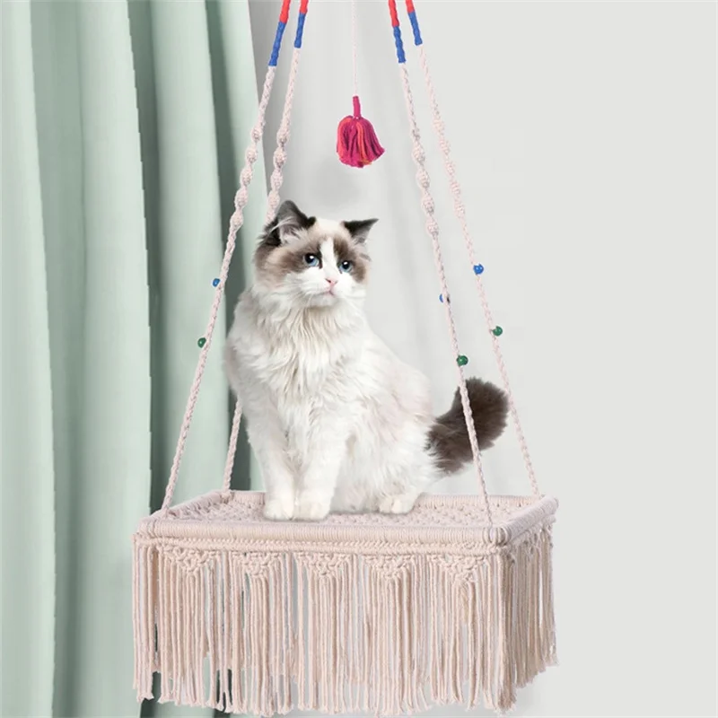 

Cat Hanging Hammock Lace Pet Swinging Bed Tapestry Pets Beds Weave Cotton Rope Rwing Hanging Chair Sunny Window Seat Mount CW242