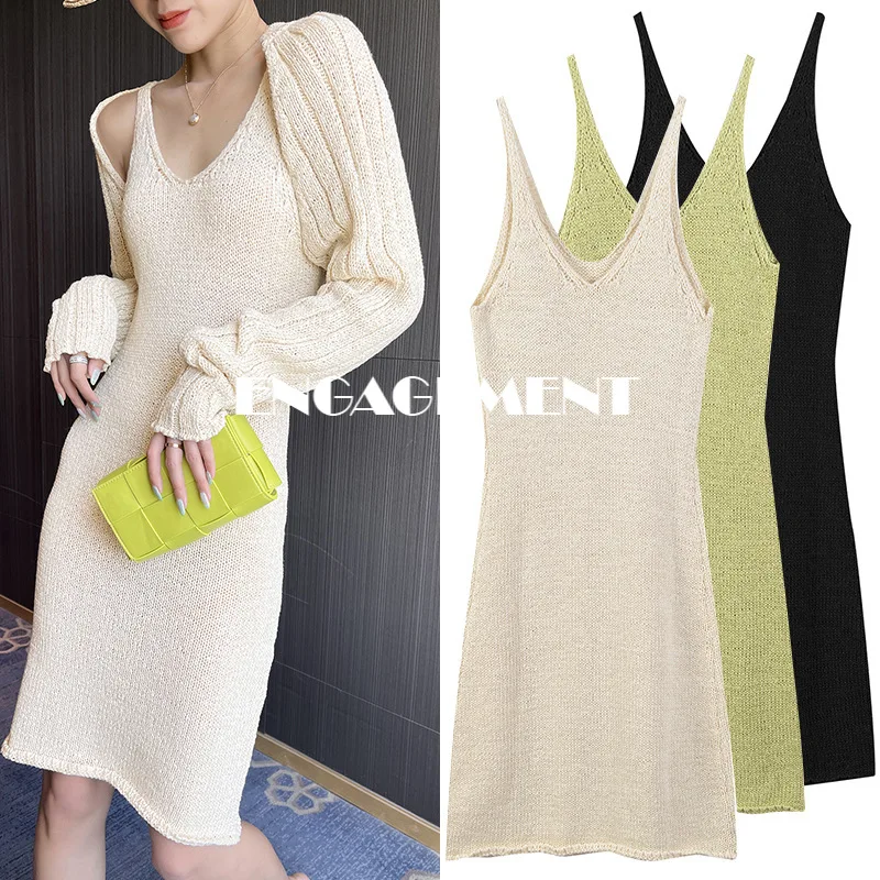 

ENGAGEMENT High-quality 2021 Summer New Fashion V-neck Online Celebrity Style Sling Dress Korean Sleeveless Slim Knit Skirt