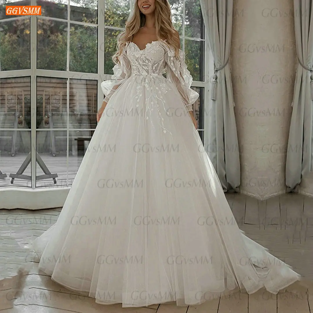 

Elegant Wedding Dresses Long Puff Sleeve Appliques Lace 3D Flowers Off The Shoulder Tulle Boho Bride Gown 2021 Vestidos De Novia