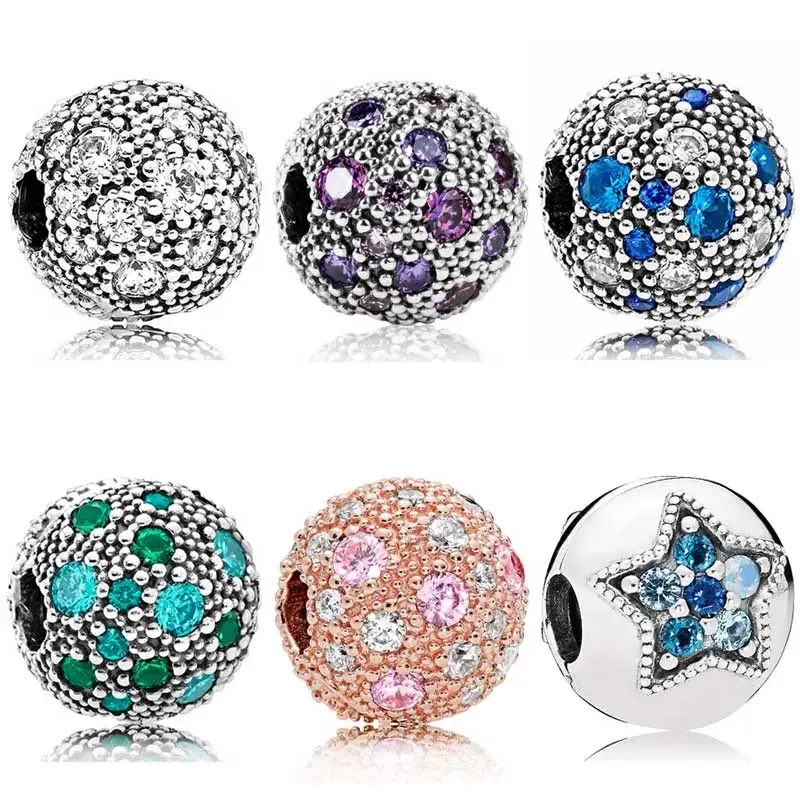 

Original 925 Sterling Silver Charm Cosmic Stars Bright Star Clip Lock Stopper Bead With Crystal Fit Pandora Bracelet DIY Jewelry
