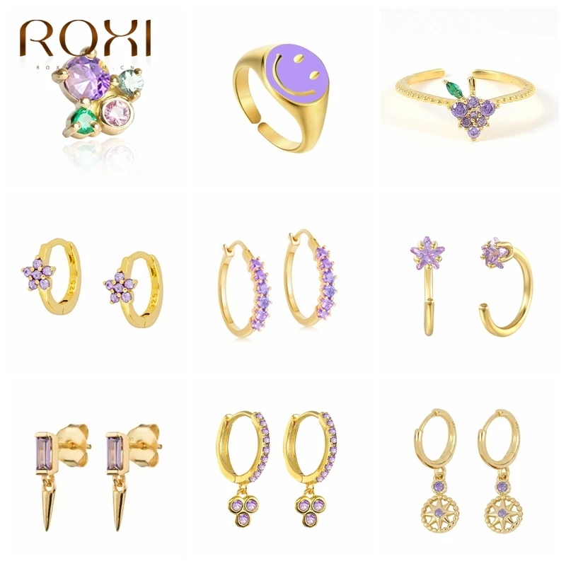 

ROXI 925 Sterling Silver Elegant Purple Cubic Zirconia Series Stud Earrings Crystal Flower Ear Stud Jewelry For Women Girls Gift