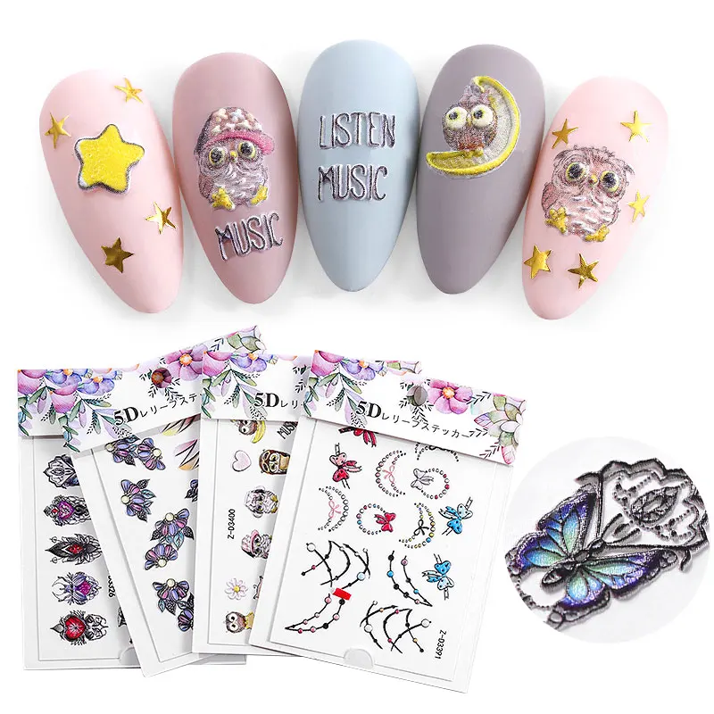 5D самоклеящиеся тиснением ногтей наклейки печать Принцесса цветы перья Empaistic