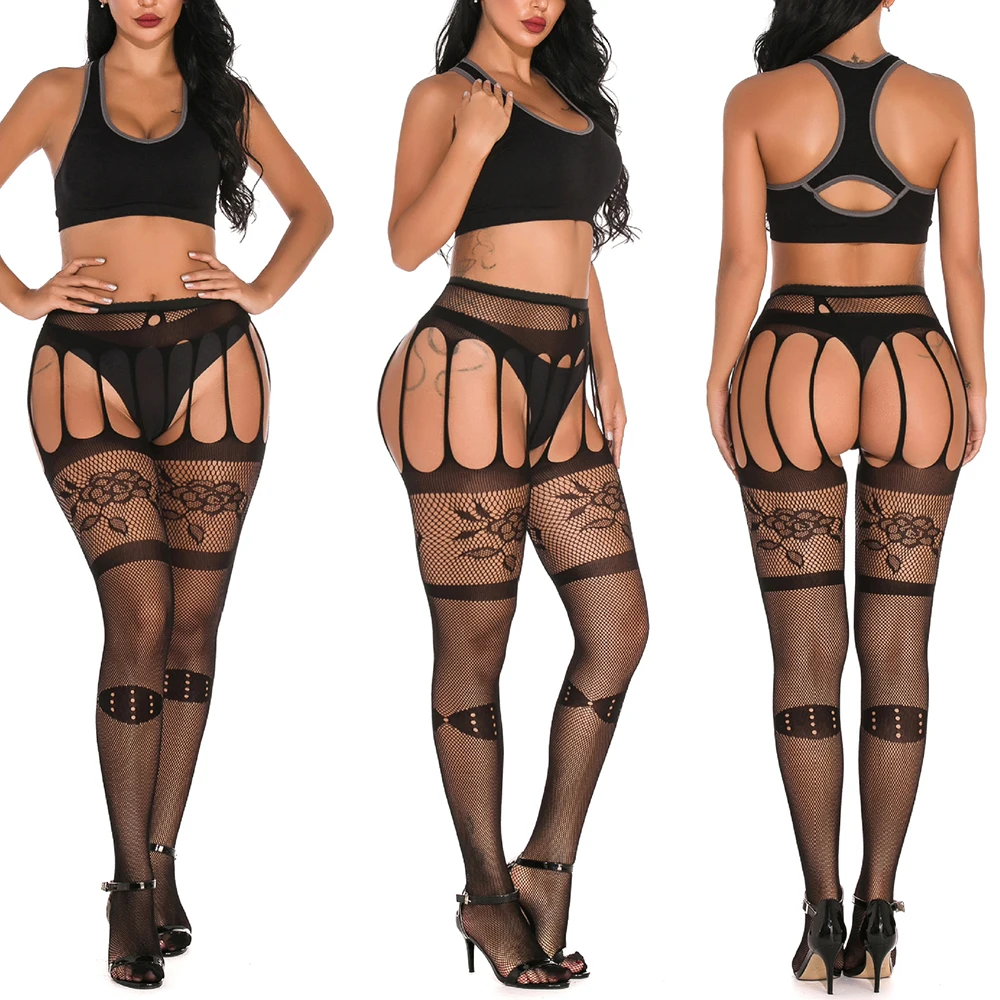 Женские сексуальные полосатые эластичные чулки прозрачные черные ажурные