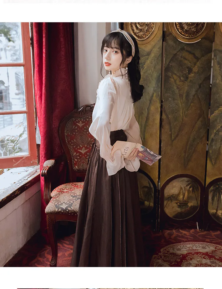 

Retro Stand Collar Flare Long Sleeve Lace Patchwork Shirt Women 2021 Spring High Waist Slim Solid Color Long Skirt Two Piece