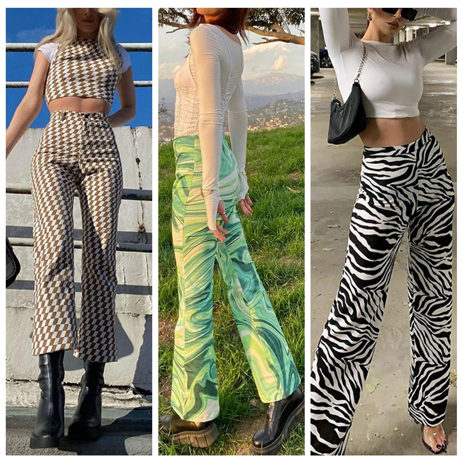 

3 Colors Ladies Spring High-Waist Casual Trousers Full Plaid/Flower/Zebra Print Girls Fashion High-Street Casual Trousers S/M/L