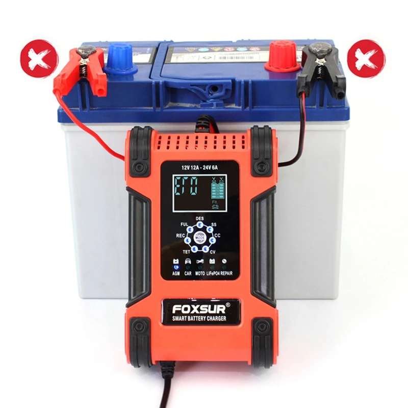 HFES FOXSUR 12V 24V 12A импульсное Ремонтное зарядное устройство Lifepo4 мотоциклетное и