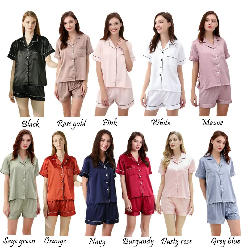 Womens Ladies Satin Wedding Bridesmaid Bride Pyjama Set Silky Lounge Wear Pajamas Short Sleeve Pjs Set