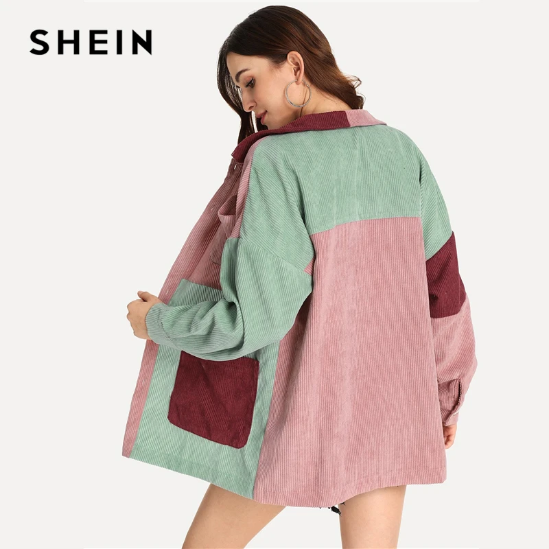 SHEIN повседневное многоцветное пальто с карманами спереди, вельветовое однобортное пальто, Осеннее Современное женское пальто, верхняя одежда