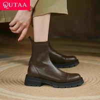 qutaa 2022 new women round toe ankle boots fashion square med heel short boots genuine leather autumn winter shoes size 34 43