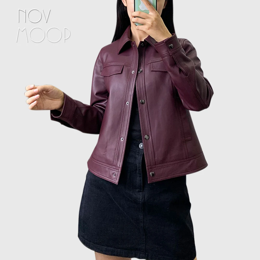 Novmoop осень черные, винно-красные шикарное ожерелье с натуральным жемчугом, однобортное пальто из овчины Натуральная кожа куртка для женщин пальто кардиган на молнии куртки; искусственная кожа; Прямая(дропшиппинг); damskie LT2823