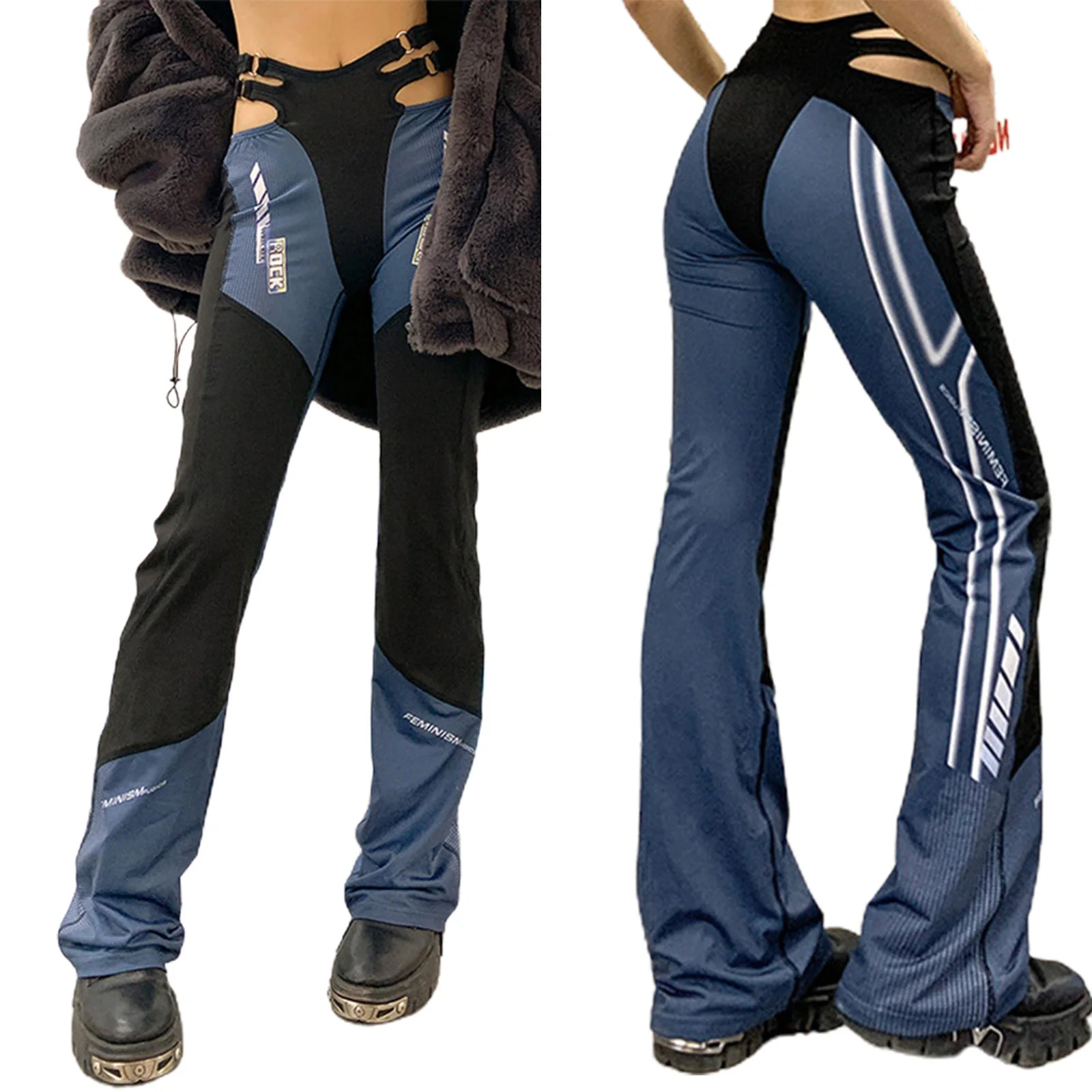 

Women's Pants, Hollow Out High Waist Street Style Leggings Patchwork Fitting Trousers for Female