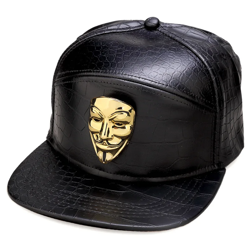 Hip Hop Snapback Caps V For Vendetta Baseball PU Leather 5 Panel Metal Casual Belt Buckle Trend Hat Men Black Red Gold Summer