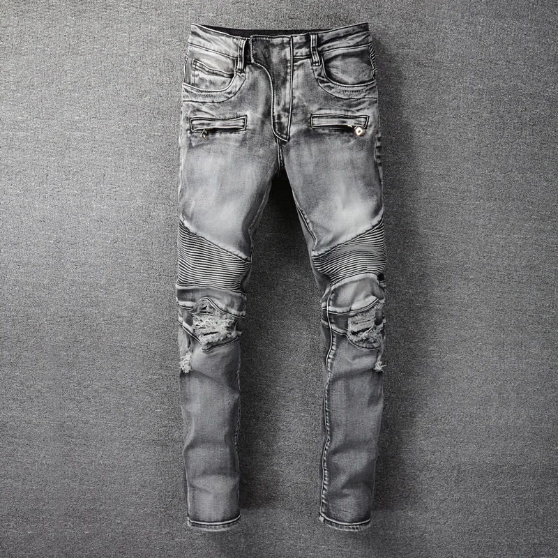 

American Street Style Fashion Men Jeans Retro Gray Destroyed Spliced Designer Ripped Jeans For Men Hip Hop Punk Biker Pants