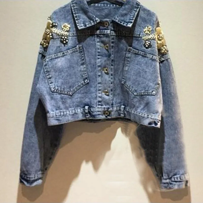 

Women Embroidery Butterfly Pearl Bead Short Denim Coat 2021 Female Long Sleeve Loose Beading Sequin Jean Jacket Free Shipping