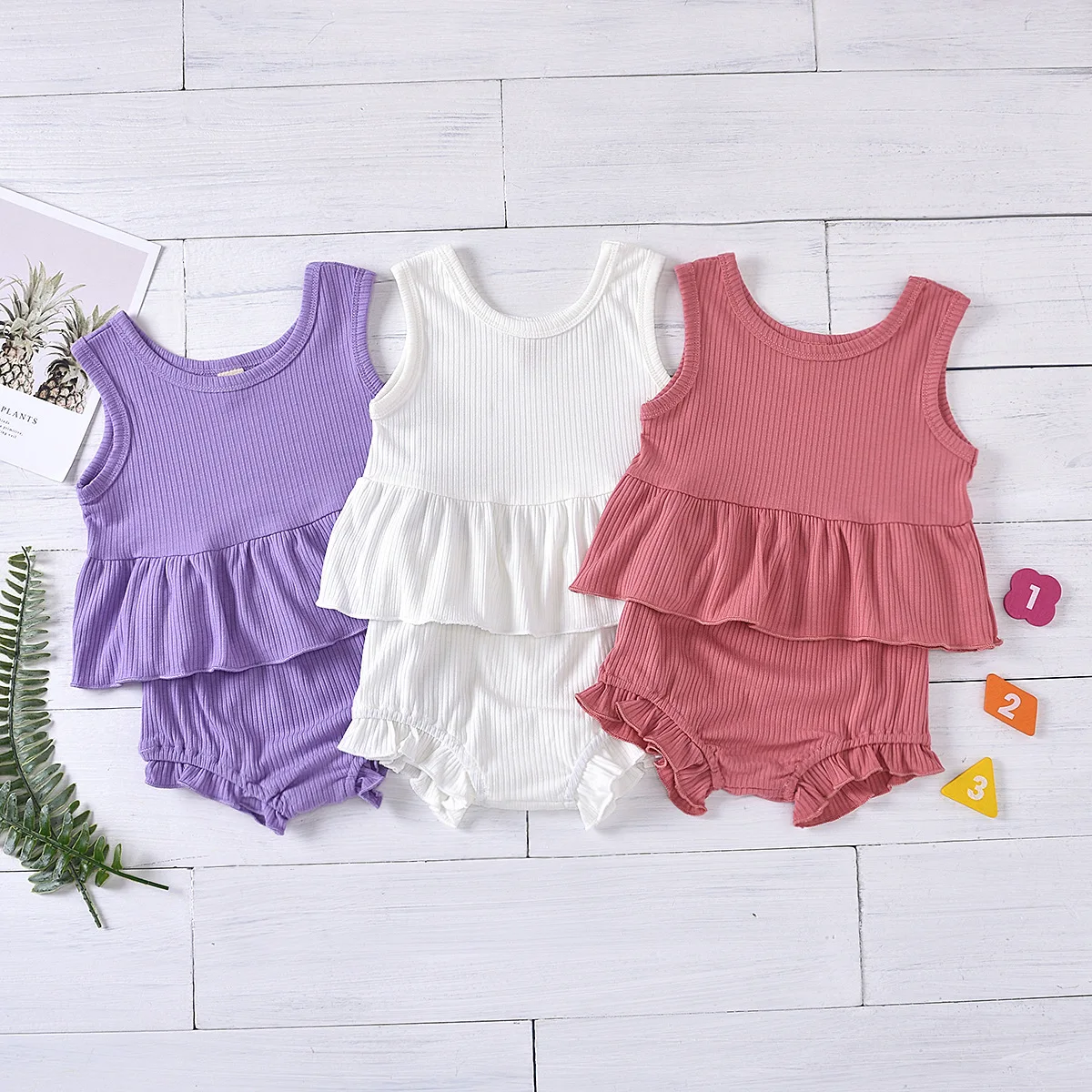 

Однотонные топы с открытыми плечами для младенцев, девочек, жилет с рюшами, нижняя одежда, комплекты одежды, 2 шт.