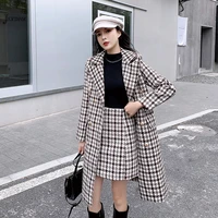 2021 autumn winter houndstooth tweed two piece set high quality women double breasted thick long plaid coat a line skirt suit