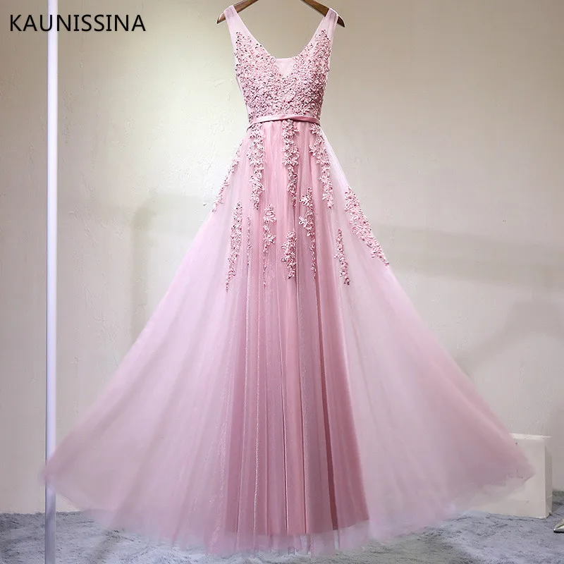Pink 1 KAUNISSINA элегантное вечернее платье размера плюс с аппликацией, вечерние платья для выпускного вечера, вечерние платья с v-образным вырезом, настоящая фотография, Vestido 14 размера s - Цвет: Pink 1