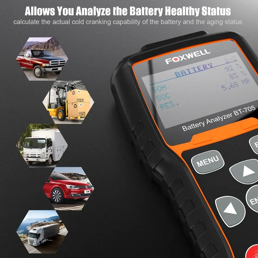 

Foxwell BT705 Battery Tester for 100-2000CCA Battery Analyzer Tester 12V 24V Cars Trucks Cranking and Charging Test Diagnostic