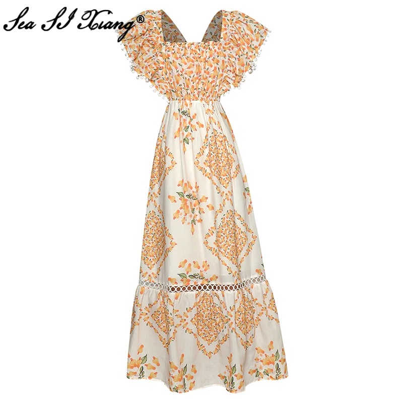 

Seasixiang Designer Summer Long Dress Women Square Collar Butterfly Sleeve Floral print Sexy Backless Bohemian Maxi Dresses
