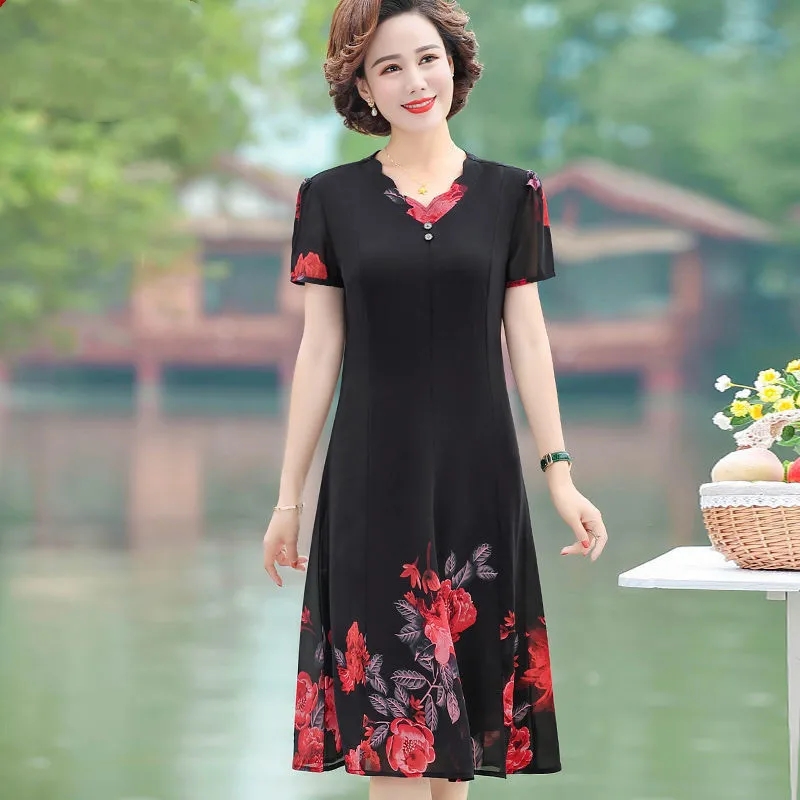 Женское шифоновое платье с принтом элегантное коротким рукавом для женщин