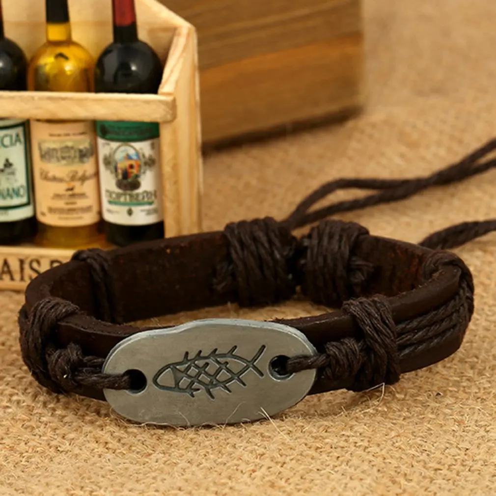 Национальный браслет рыбья кость воловья кожа веревка браслеты для мужчин и
